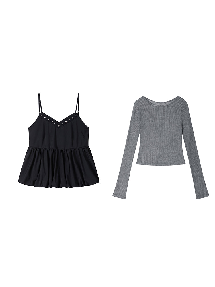 Ribbed Slim T-Shirt & Beaded Bubble Hem Camisole