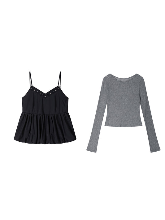 Ribbed Slim T-Shirt & Beaded Bubble Hem Camisole