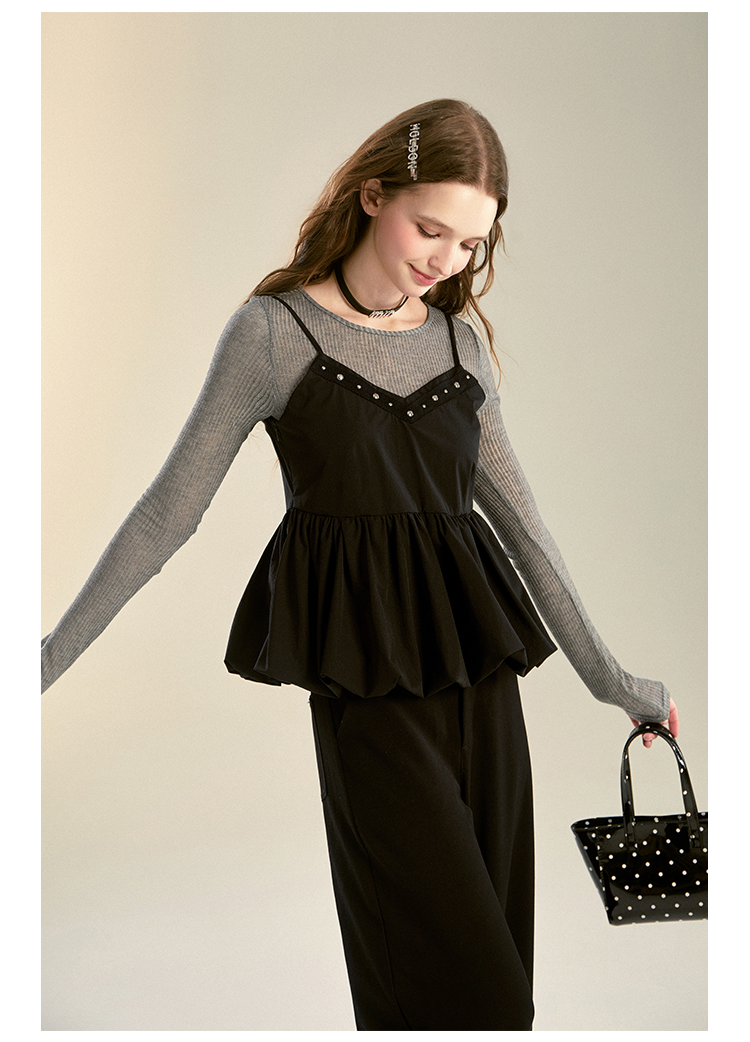 Ribbed Slim T-Shirt & Beaded Bubble Hem Camisole