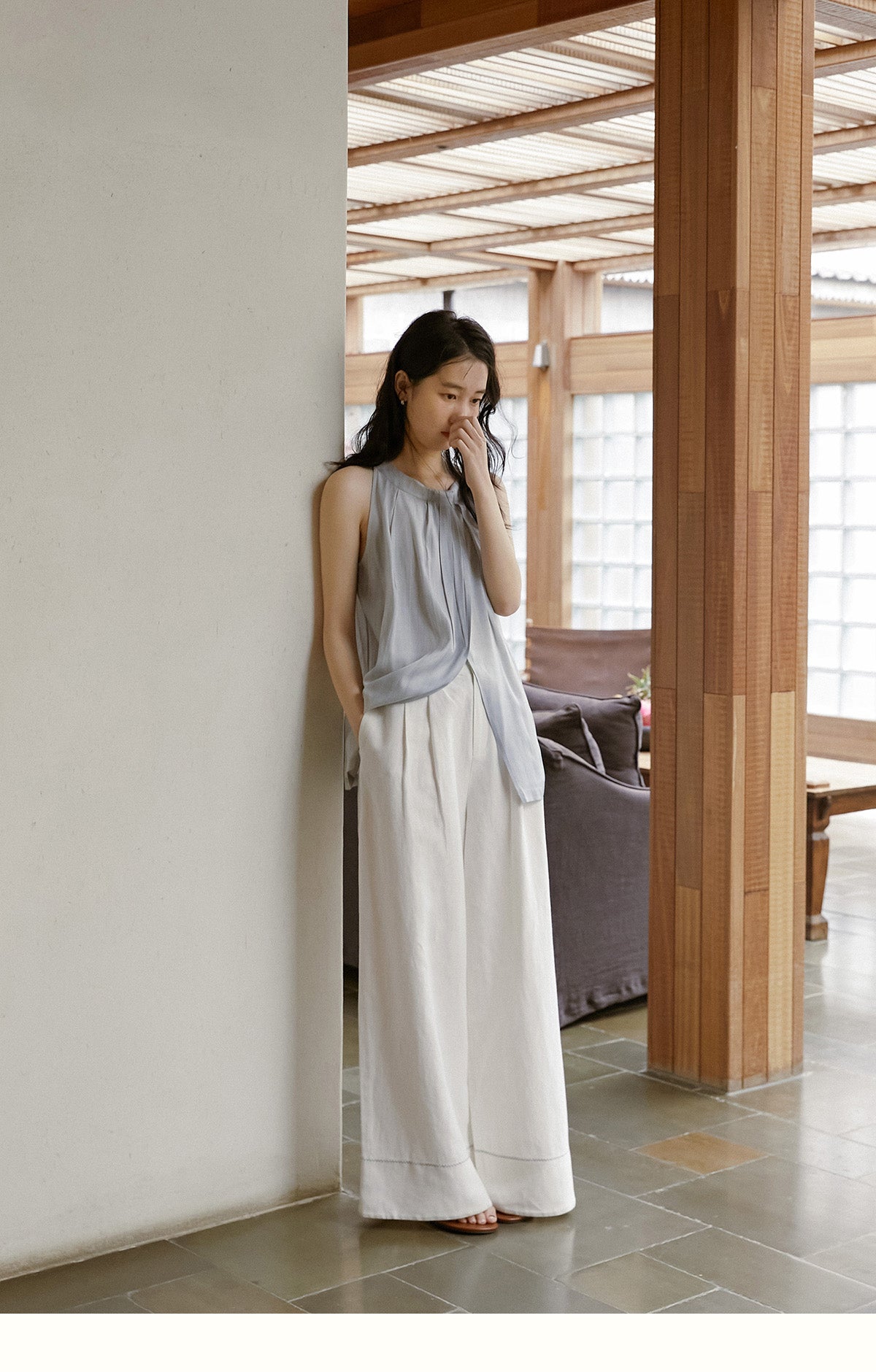 Linen-Cotton Blend Wide-Leg Pants