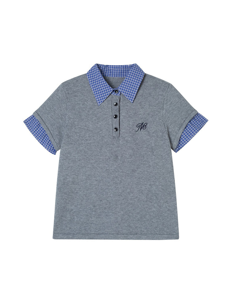 Faux Layered Knit Top With Plaid Shirt Detail