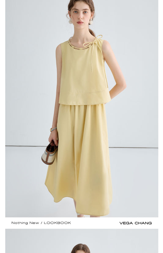 Faux Two-Piece Dress With Tie-Loop Neckline