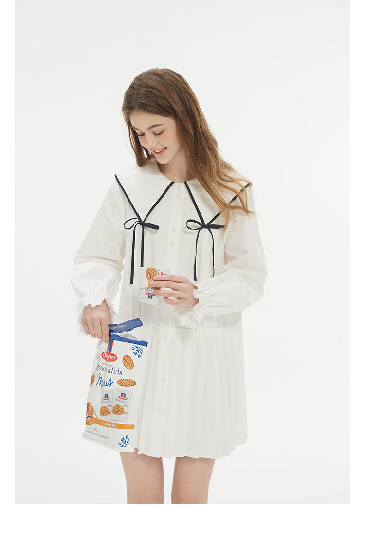 Contrast Trim Large Ribbon Collar Pleated Dress