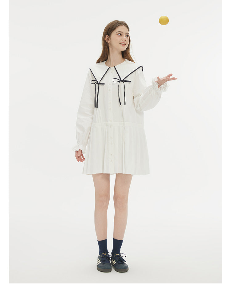 Contrast Trim Large Ribbon Collar Pleated Dress