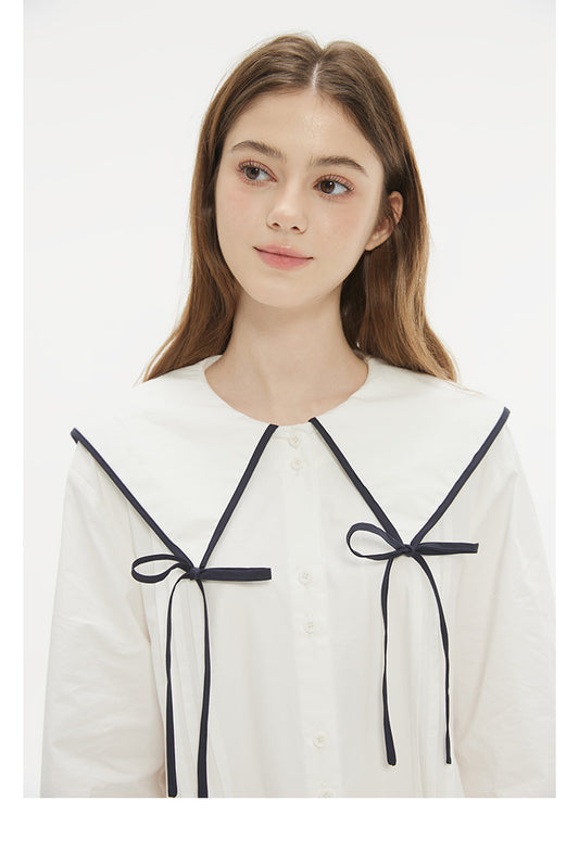 Contrast Trim Large Ribbon Collar Pleated Dress