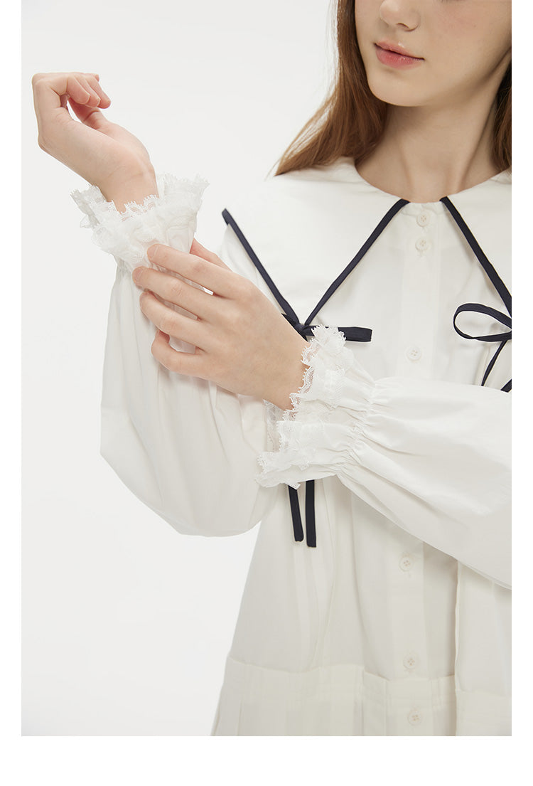 Contrast Trim Large Ribbon Collar Pleated Dress