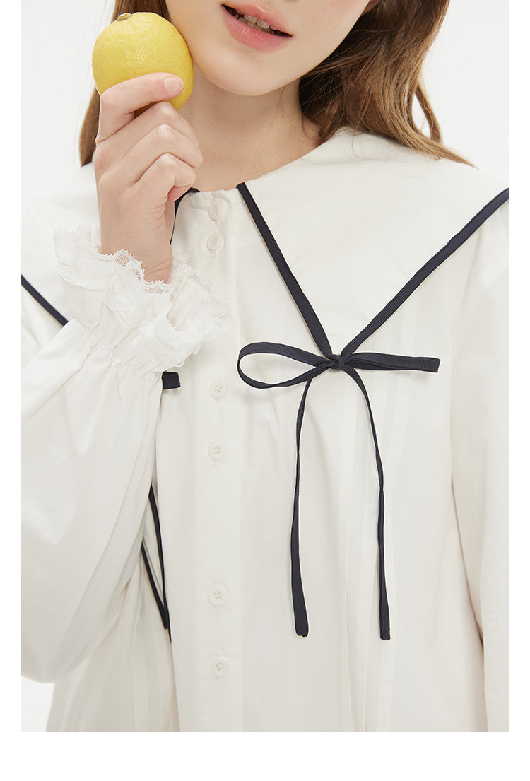 Contrast Trim Large Ribbon Collar Pleated Dress