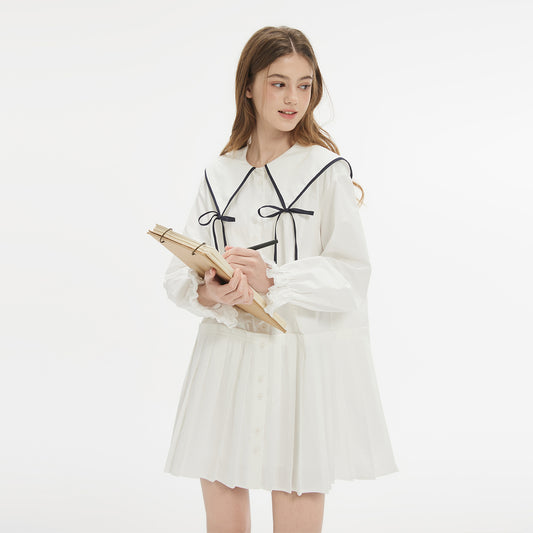 Contrast Trim Large Ribbon Collar Pleated Dress
