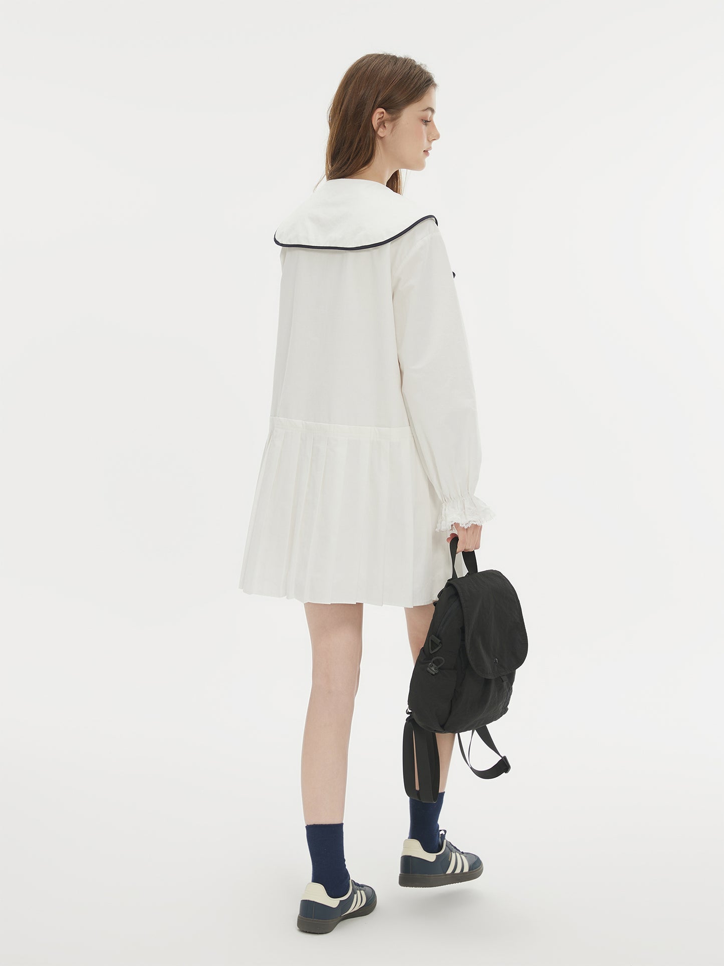 Contrast Trim Large Ribbon Collar Pleated Dress