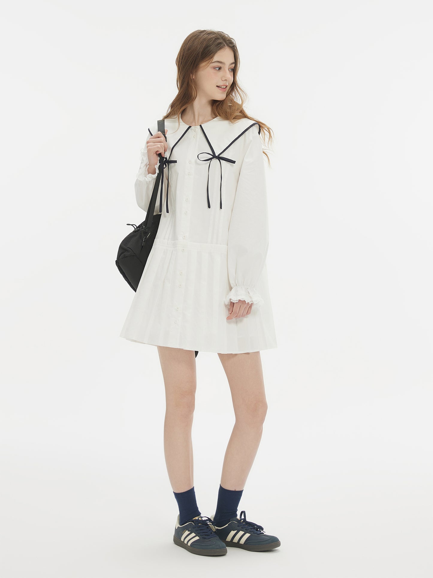 Contrast Trim Large Ribbon Collar Pleated Dress