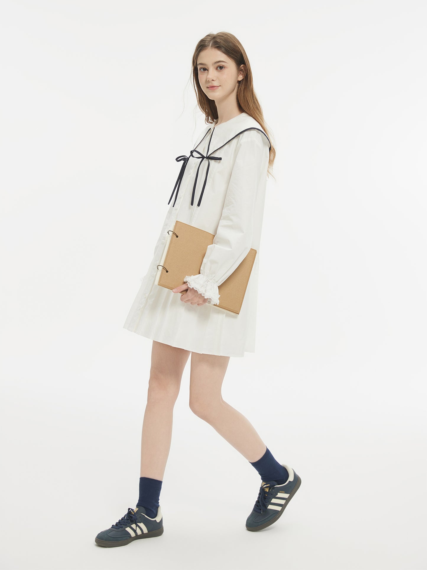 Contrast Trim Large Ribbon Collar Pleated Dress