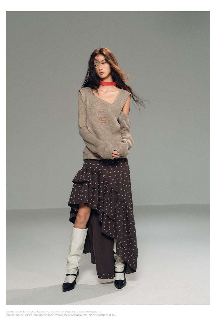 One Shoulder Faux-Layered Knit Top With Neck Band