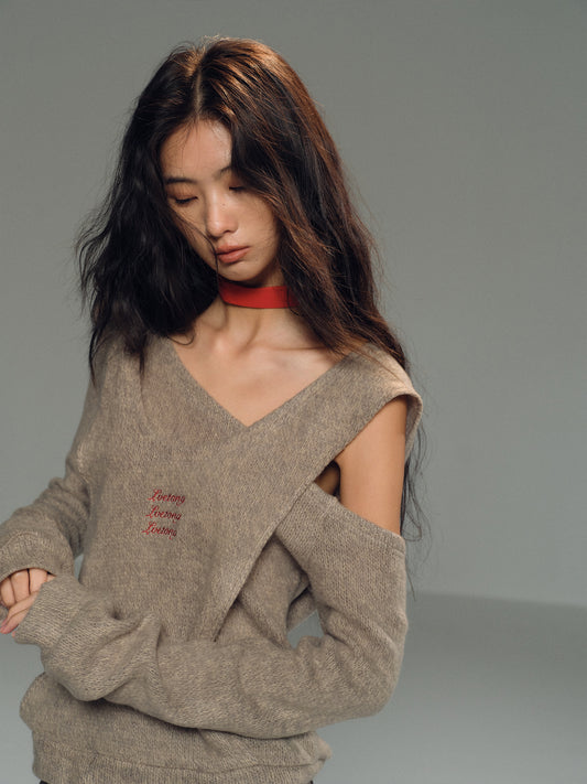 One Shoulder Faux-Layered Knit Top With Neck Band