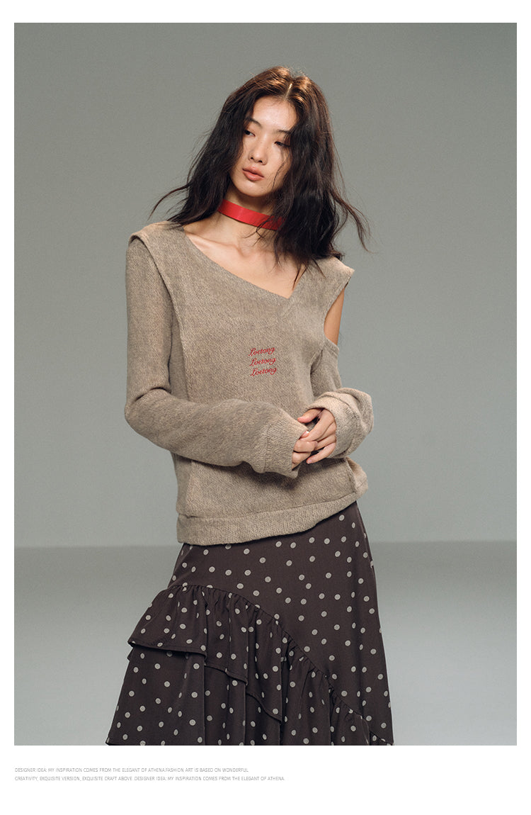 One Shoulder Faux-Layered Knit Top With Neck Band