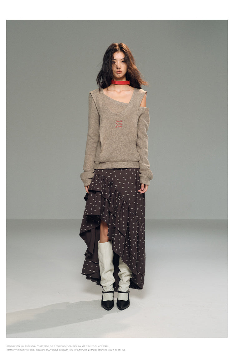 One Shoulder Faux-Layered Knit Top With Neck Band