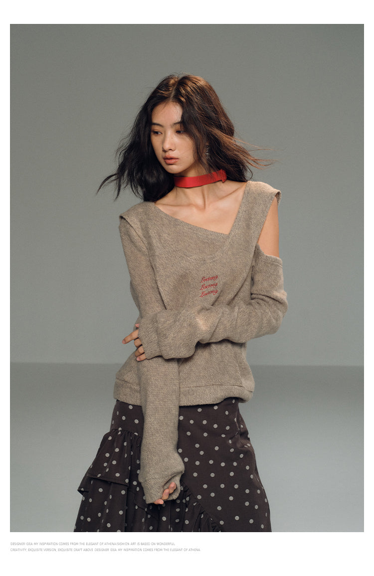 One Shoulder Faux-Layered Knit Top With Neck Band