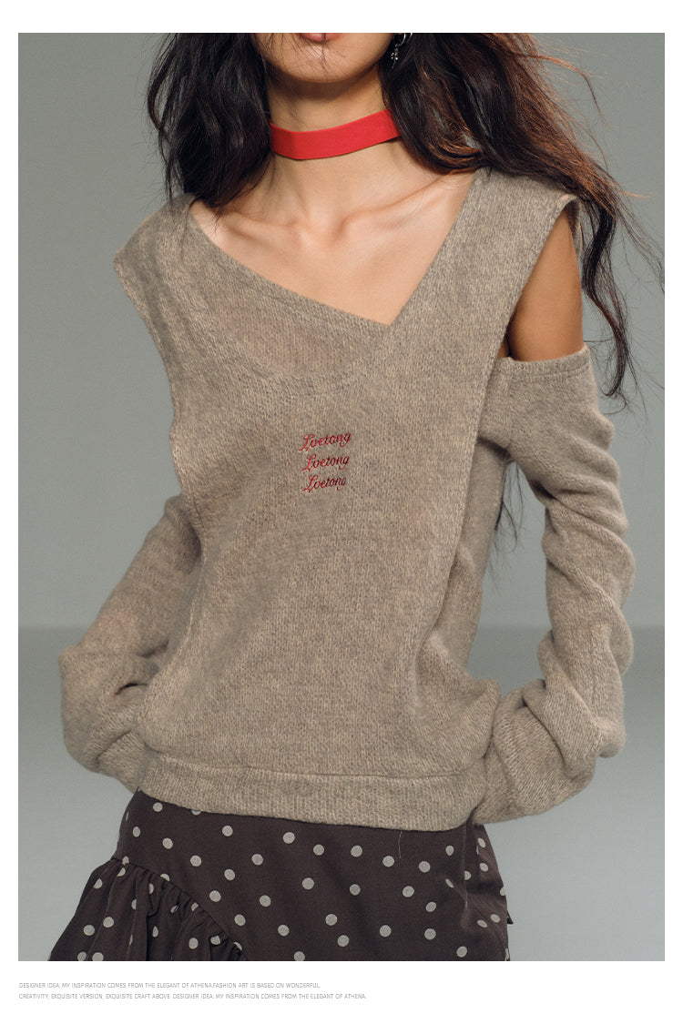 One Shoulder Faux-Layered Knit Top With Neck Band