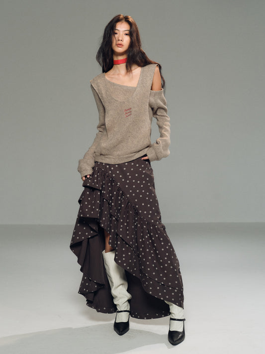 One Shoulder Faux-Layered Knit Top With Neck Band