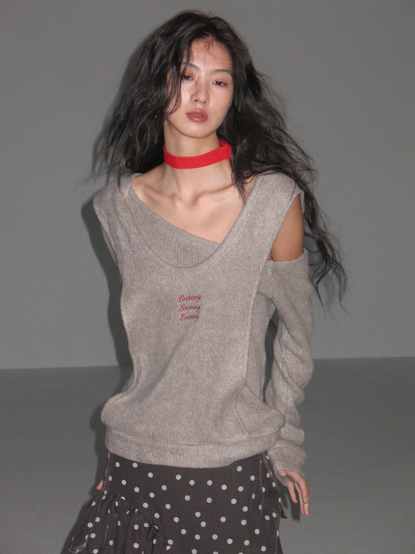 One Shoulder Faux-Layered Knit Top With Neck Band
