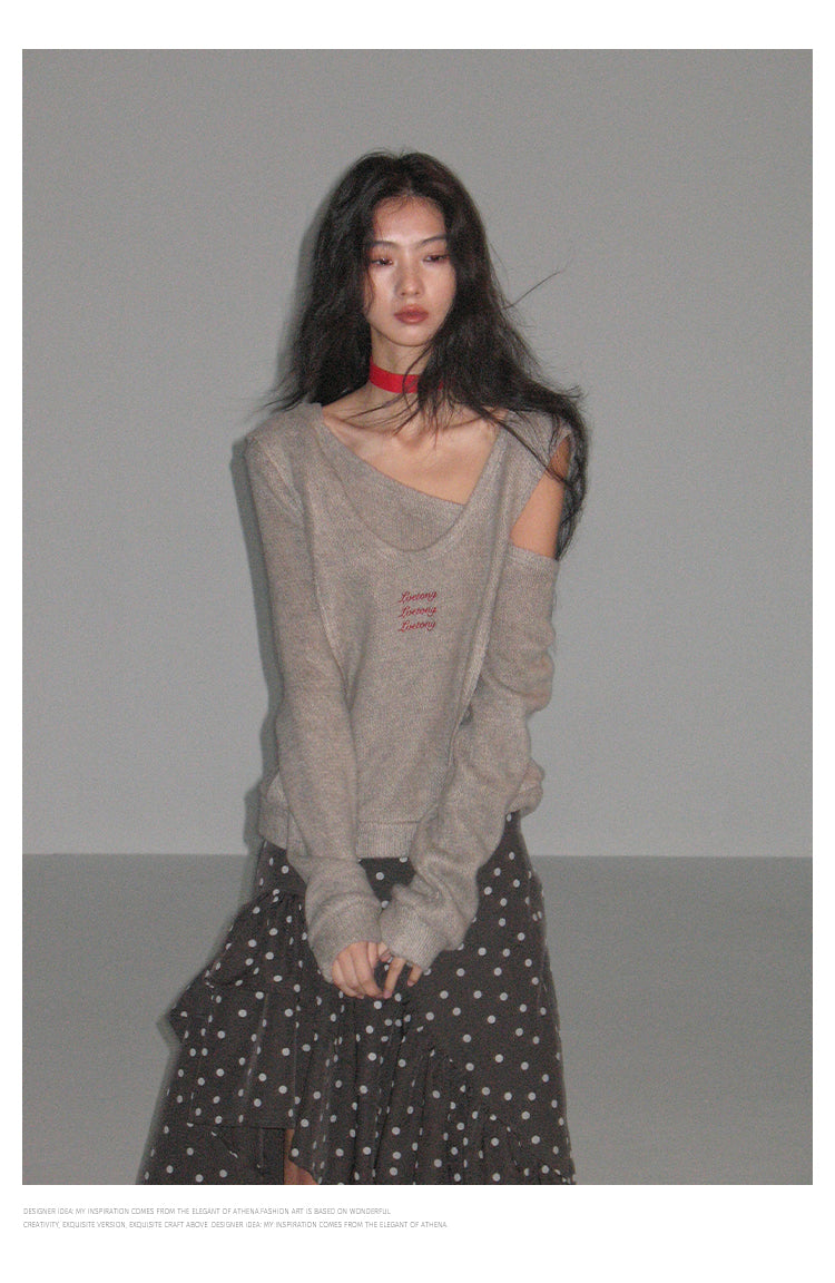 One Shoulder Faux-Layered Knit Top With Neck Band