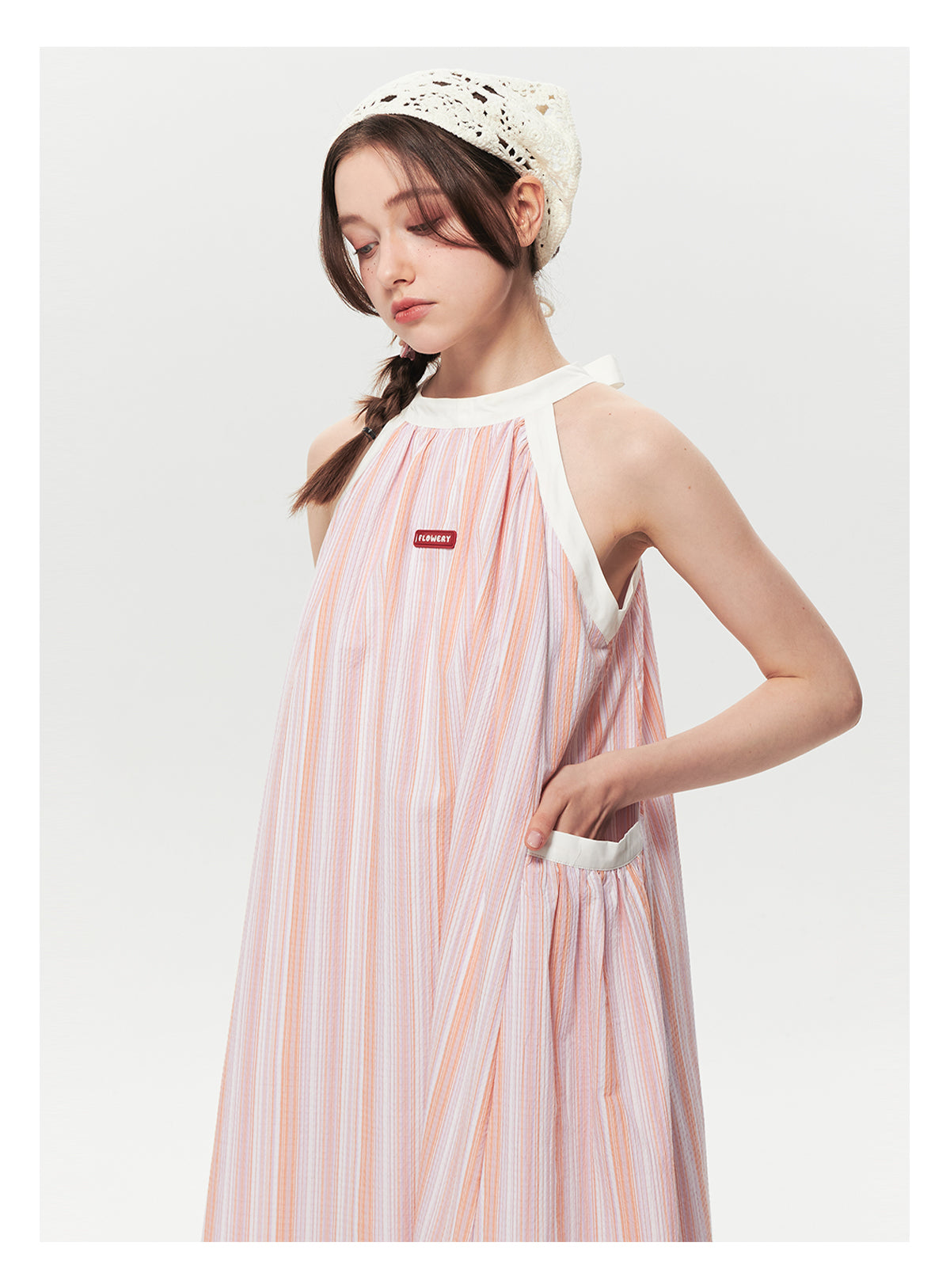 Retro Striped Wide A-Line Dress With Tie Neck