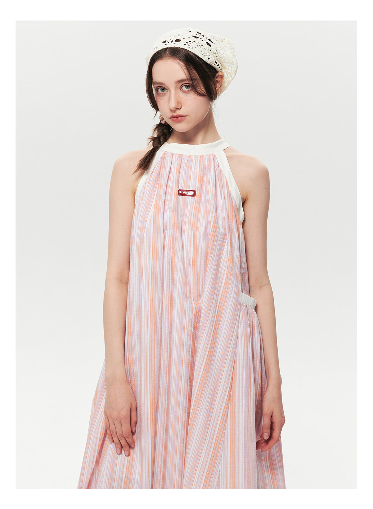 Retro Striped Wide A-Line Dress With Tie Neck