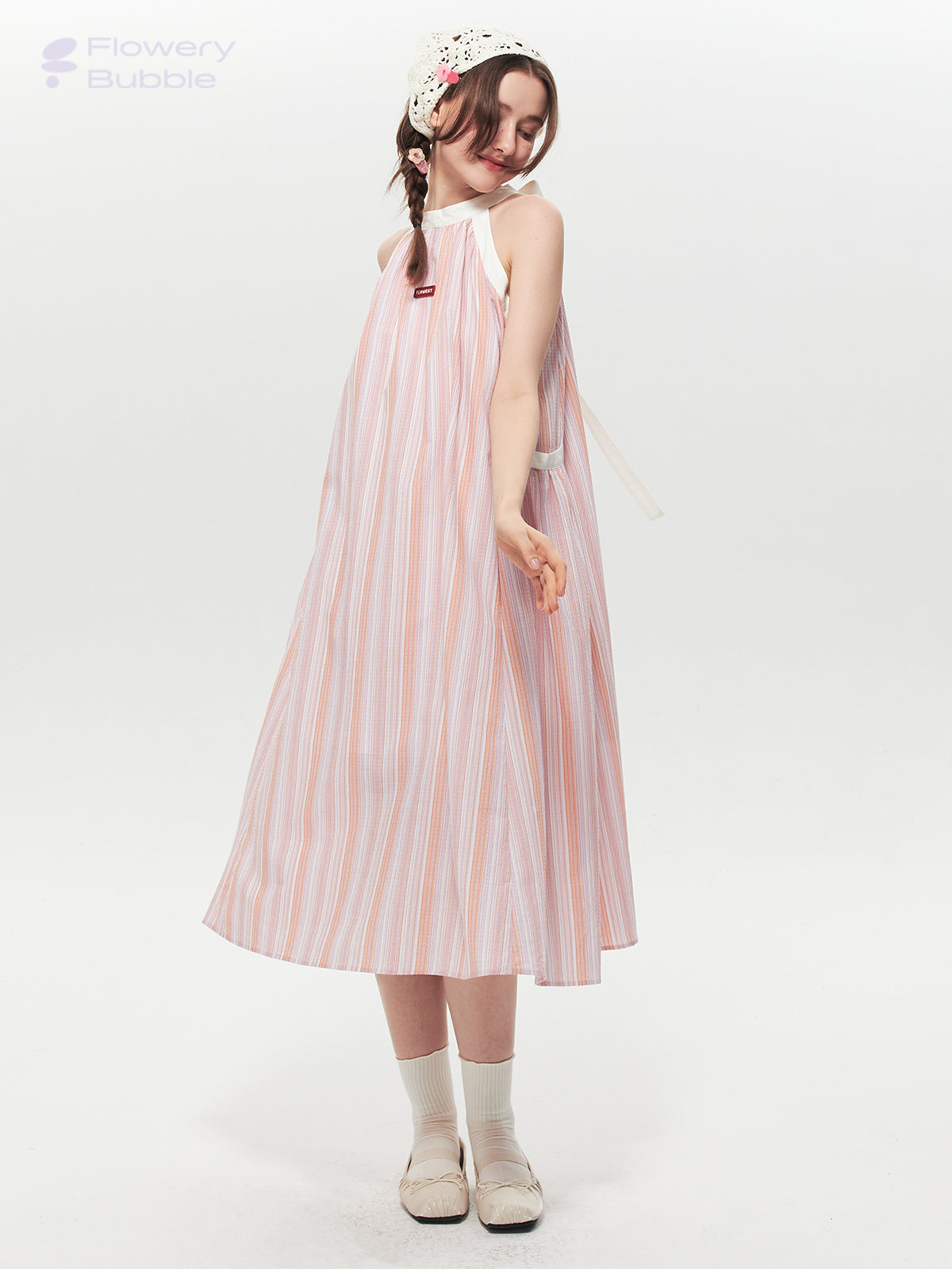 Retro Striped Wide A-Line Dress With Tie Neck