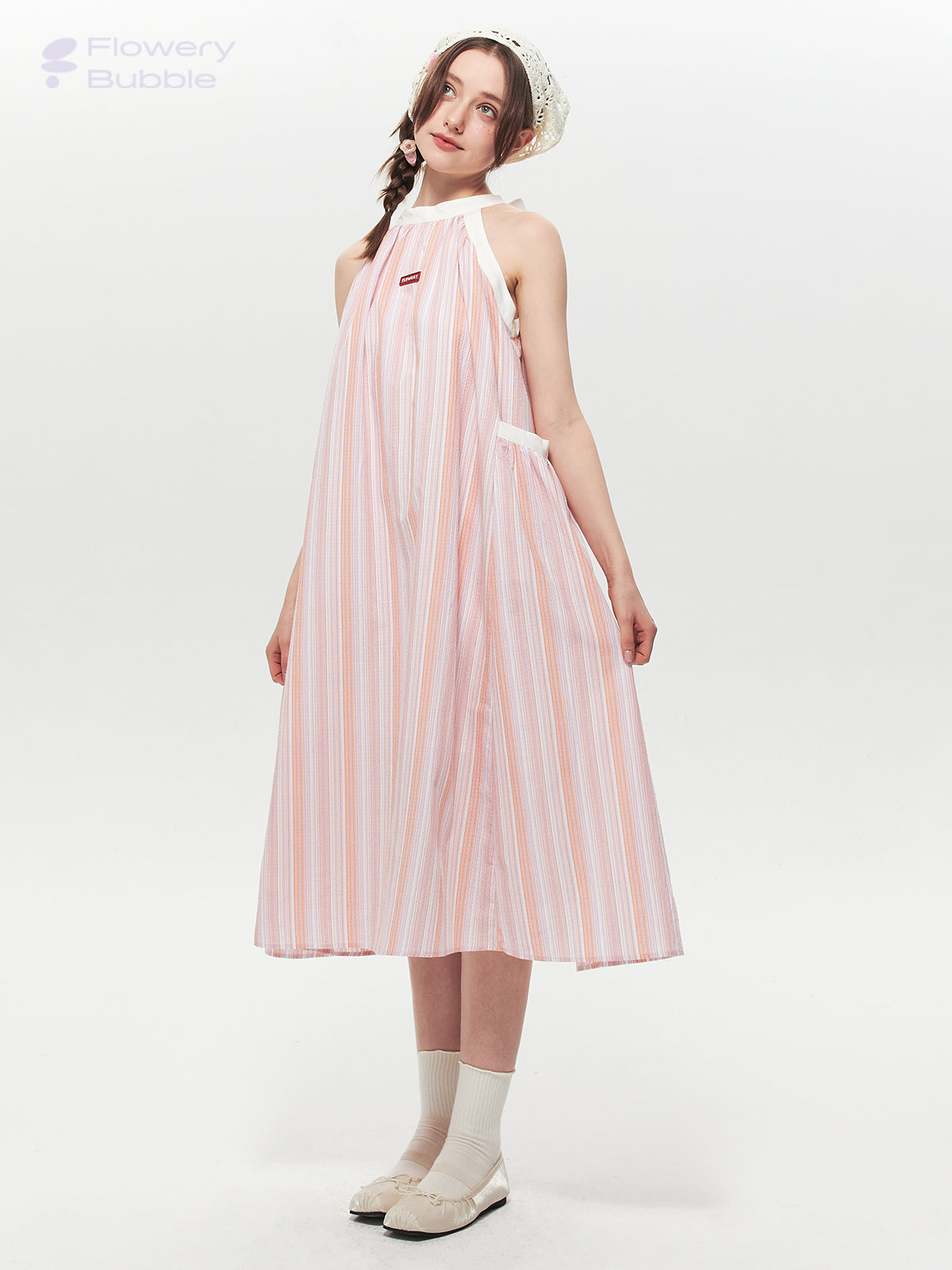 Retro Striped Wide A-Line Dress With Tie Neck