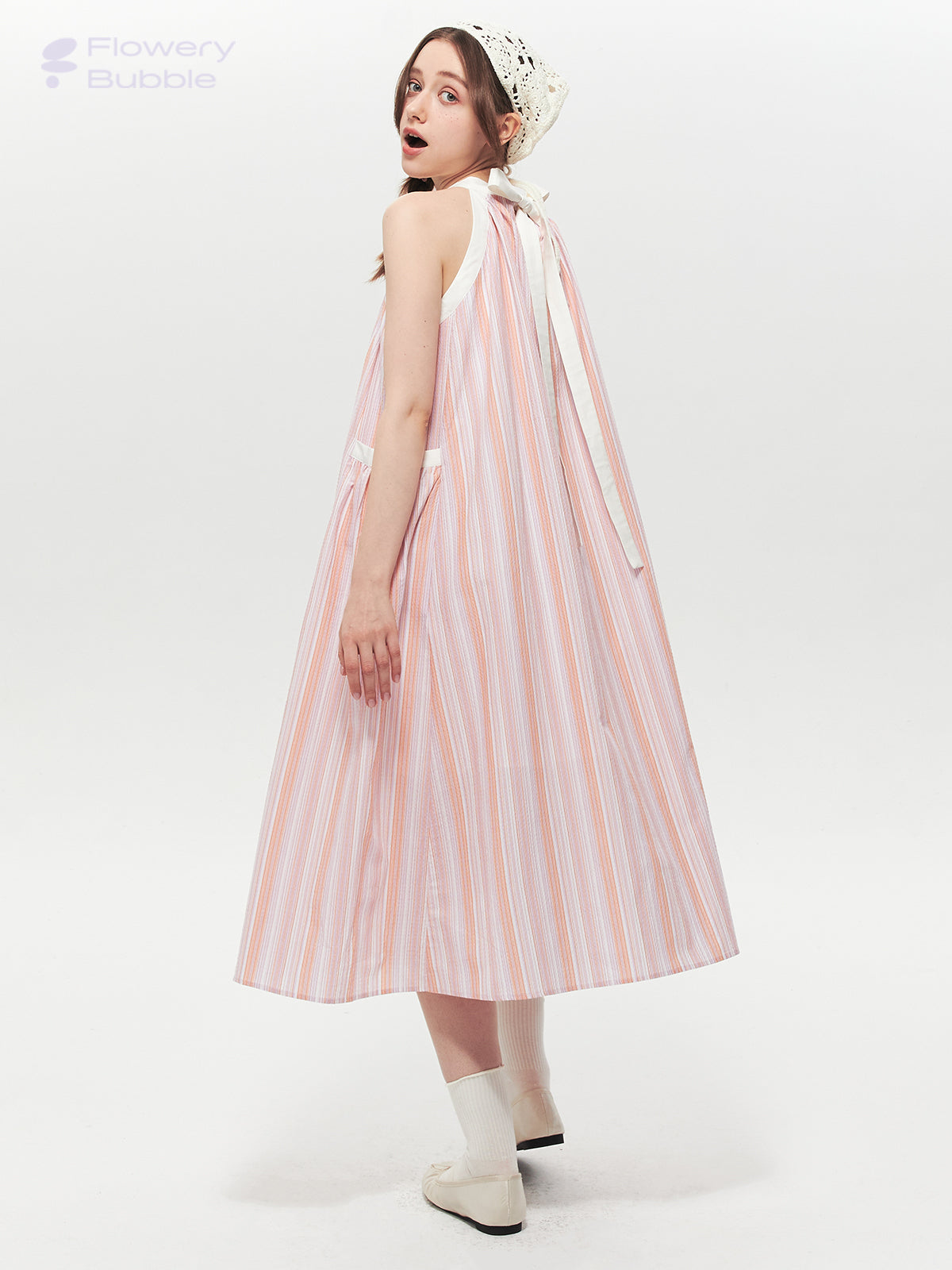 Retro Striped Wide A-Line Dress With Tie Neck