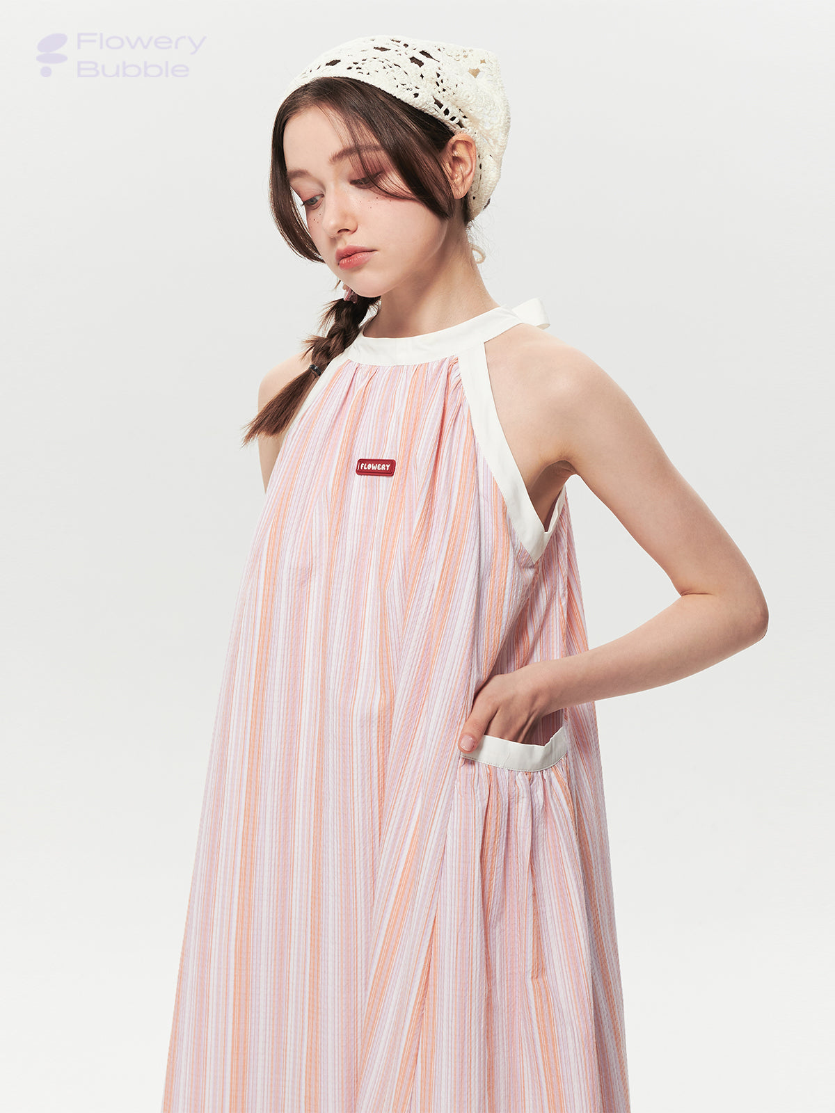 Retro Striped Wide A-Line Dress With Tie Neck