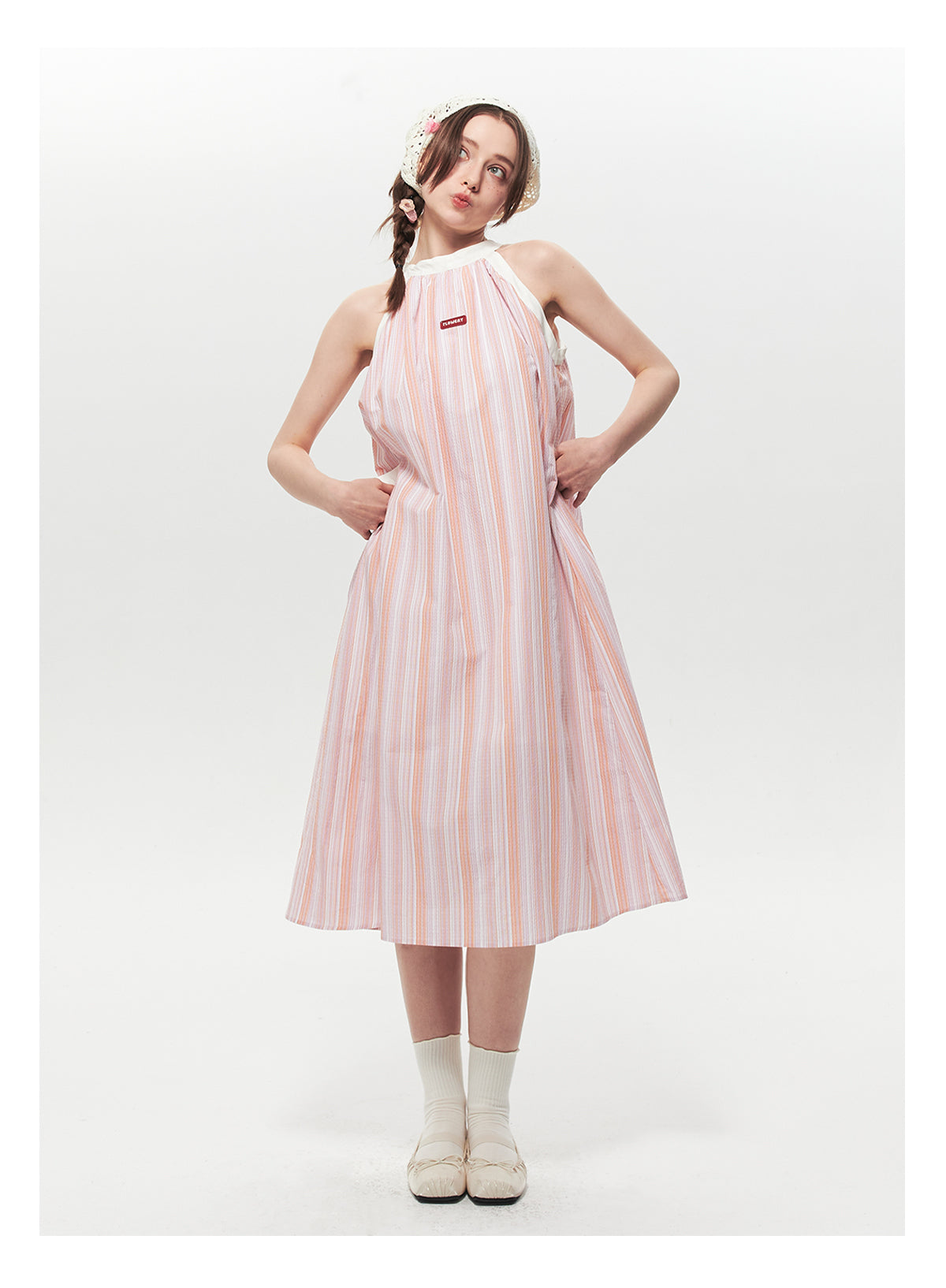 Retro Striped Wide A-Line Dress With Tie Neck