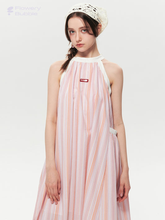 Retro Striped Wide A-Line Dress With Tie Neck