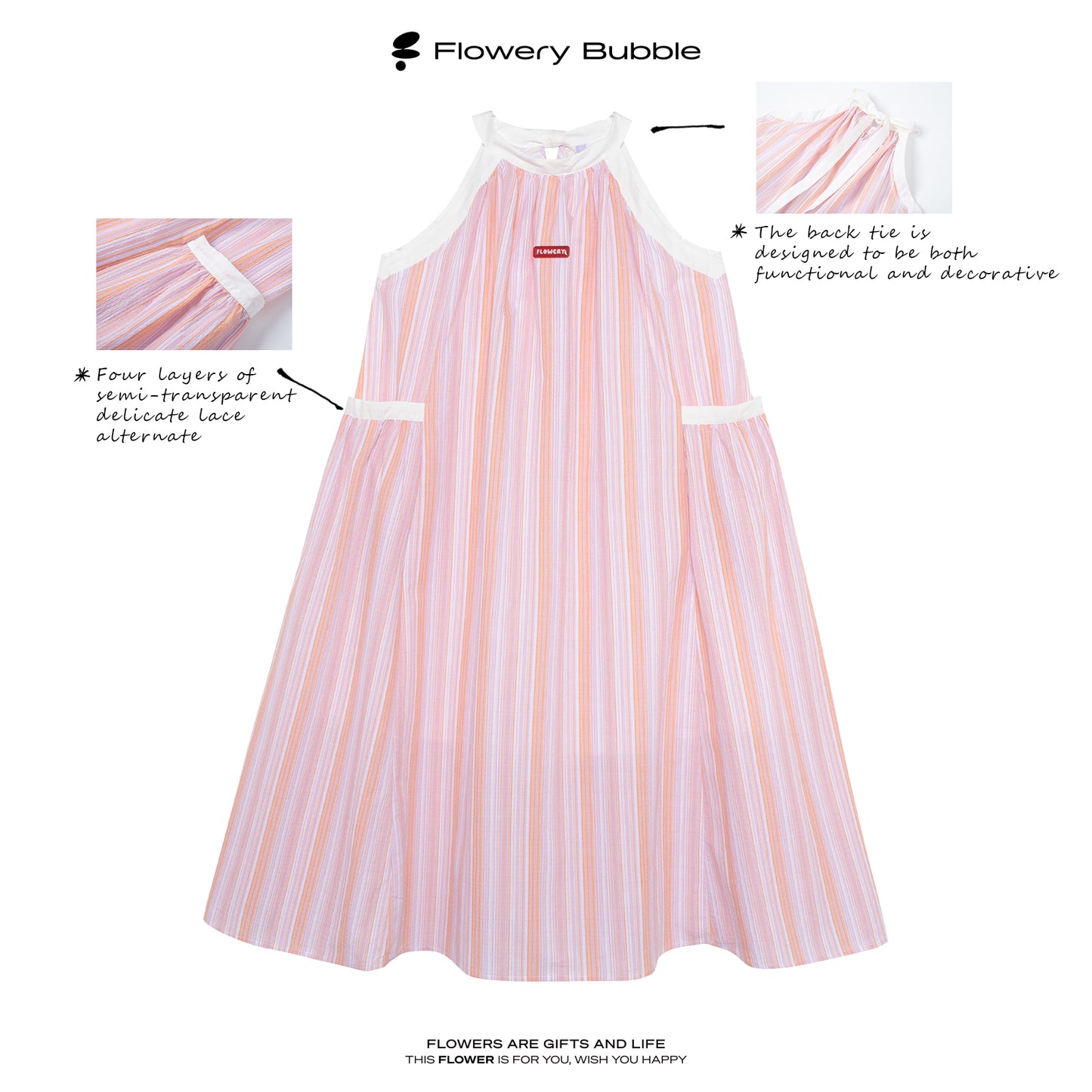 Retro Striped Wide A-Line Dress With Tie Neck