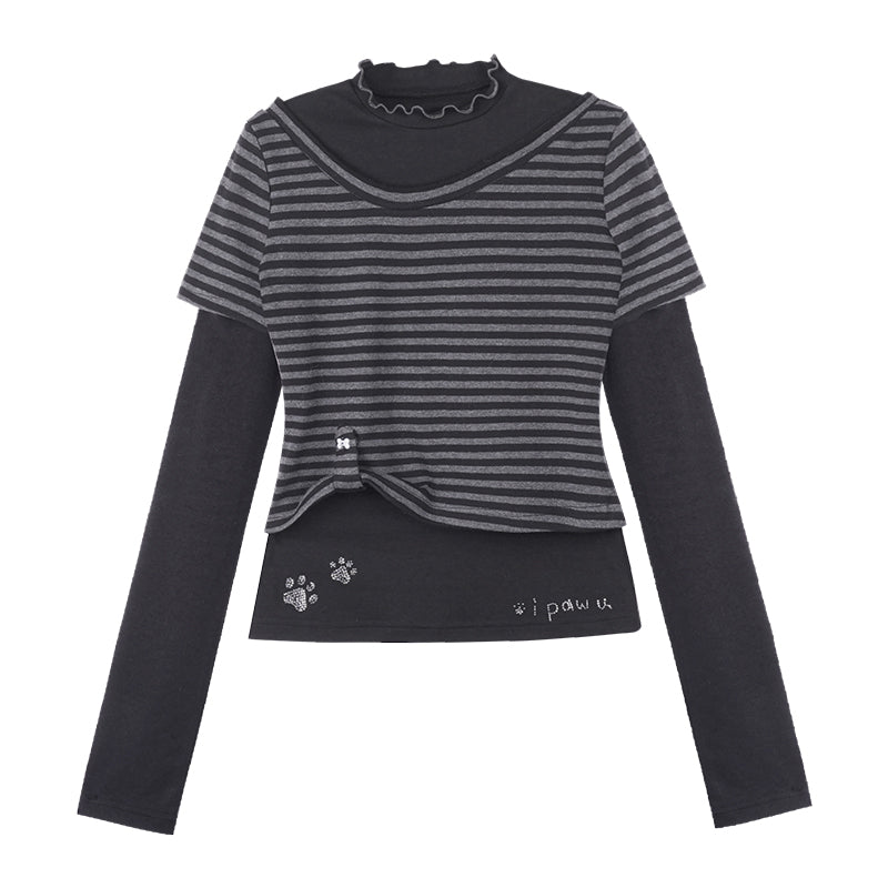 Faux Layered Lettuce Edge T-Shirt With Dog Paw Prints