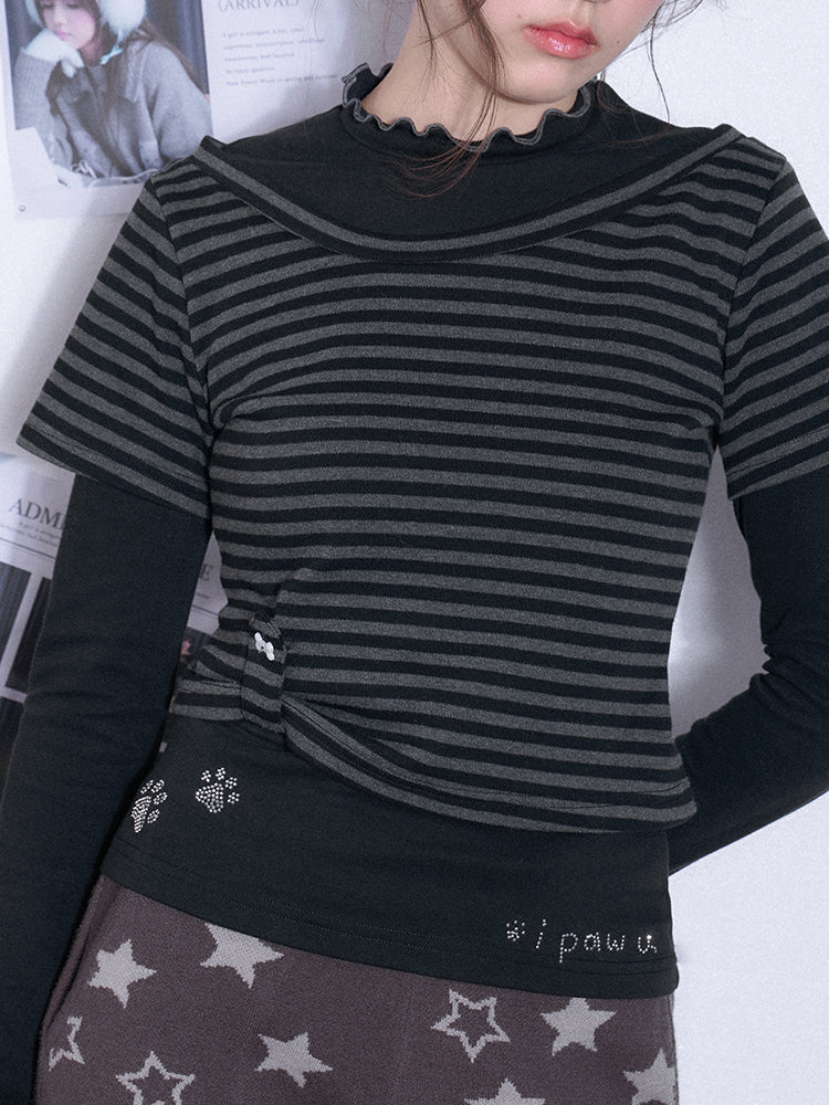 Faux Layered Lettuce Edge T-Shirt With Dog Paw Prints