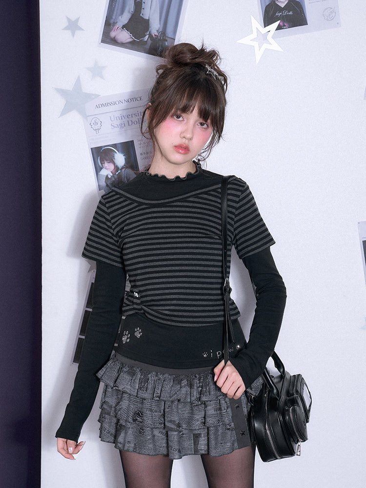 Faux Layered Lettuce Edge T-Shirt With Dog Paw Prints