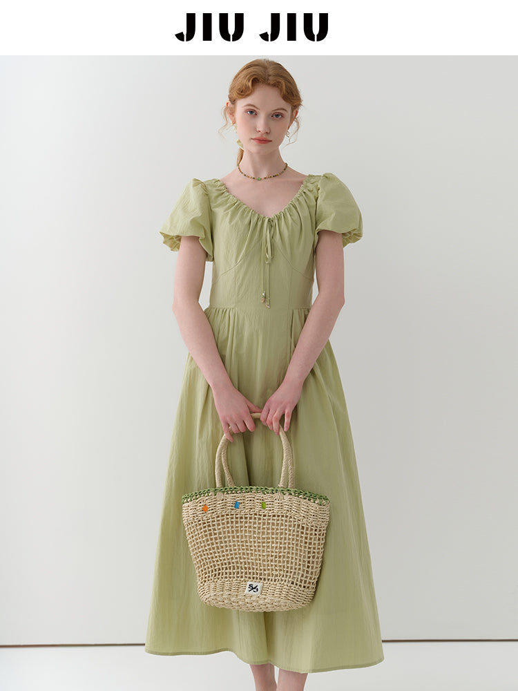 Gathered Neck Bubble Sleeve Dress
