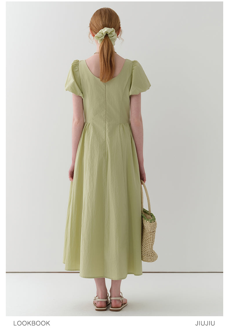 Gathered Neck Bubble Sleeve Dress