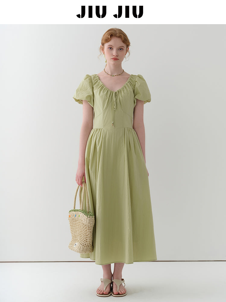 Gathered Neck Bubble Sleeve Dress