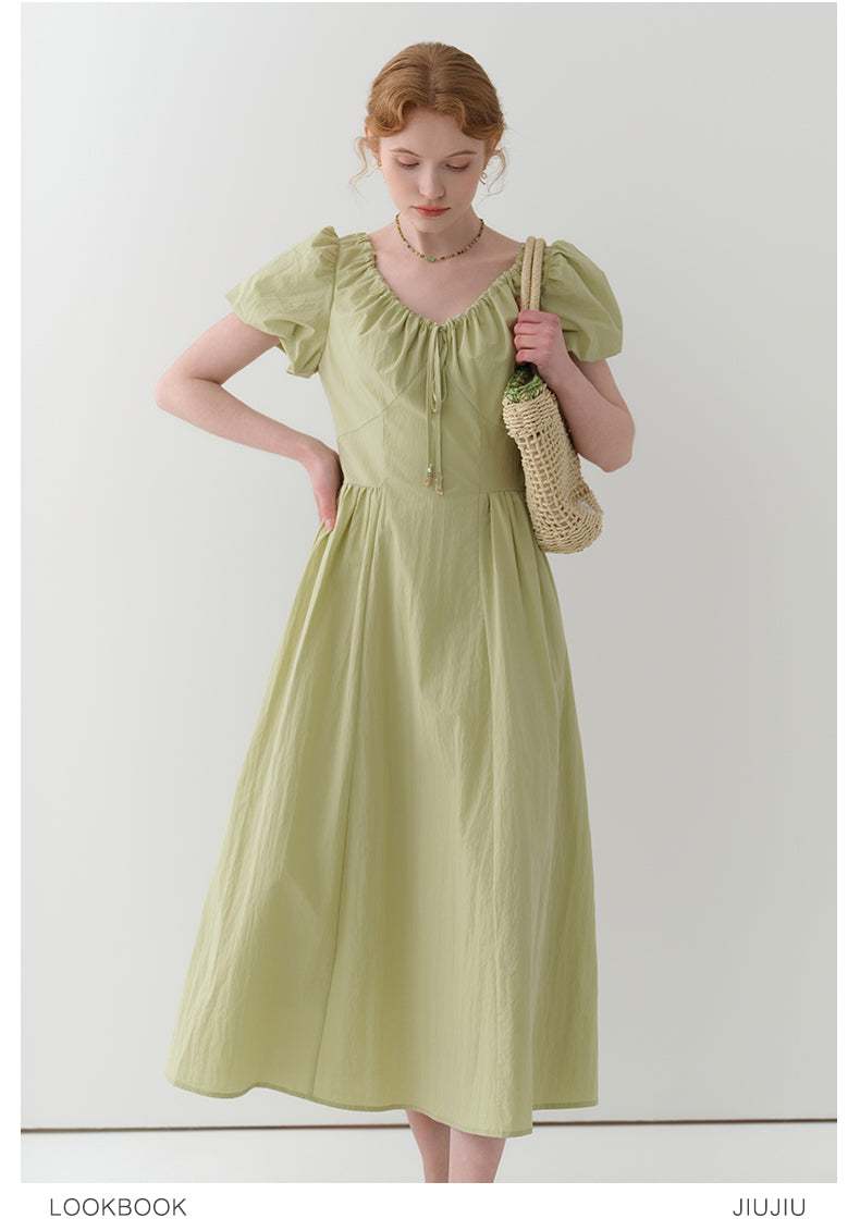 Gathered Neck Bubble Sleeve Dress