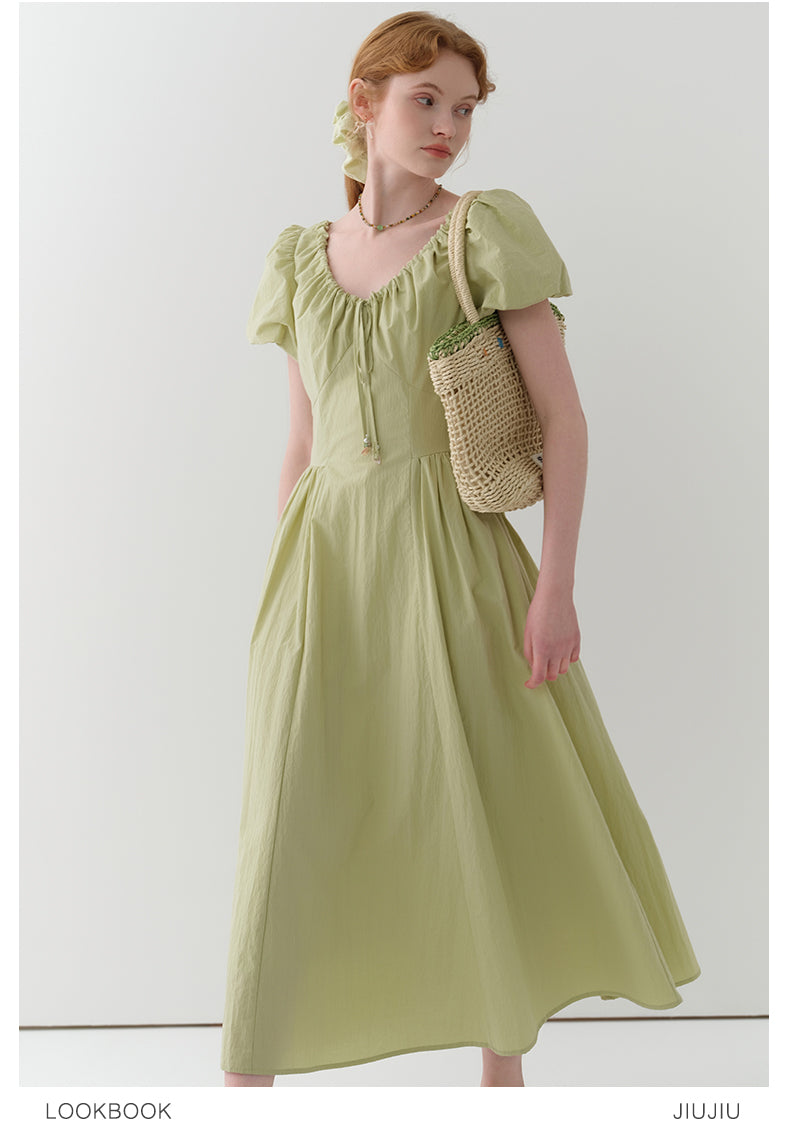 Gathered Neck Bubble Sleeve Dress