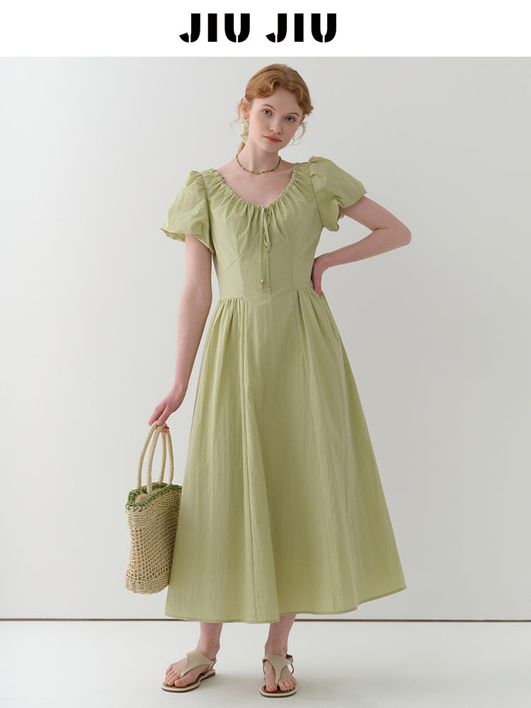 Gathered Neck Bubble Sleeve Dress