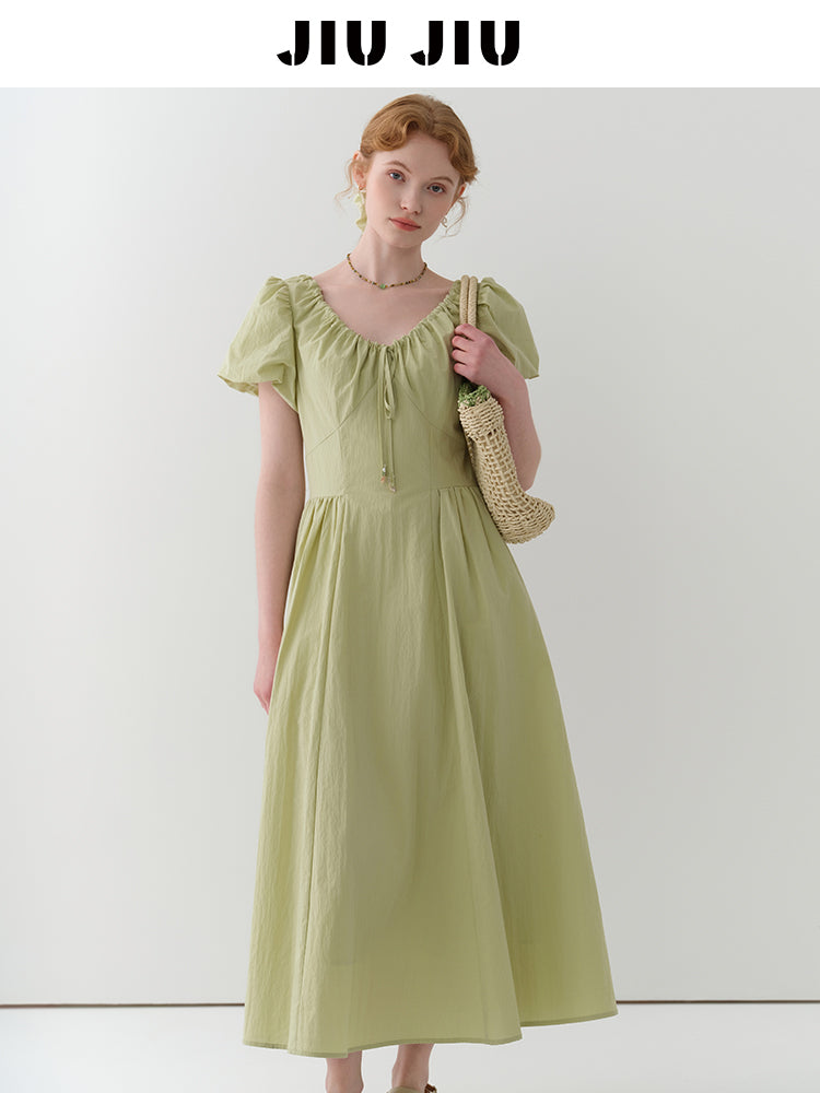 Gathered Neck Bubble Sleeve Dress