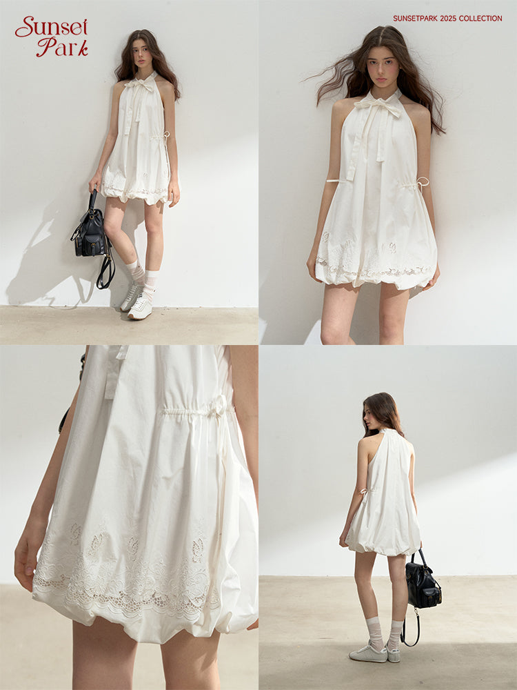 Embroidered Tie Neck Bubble Mini Dress