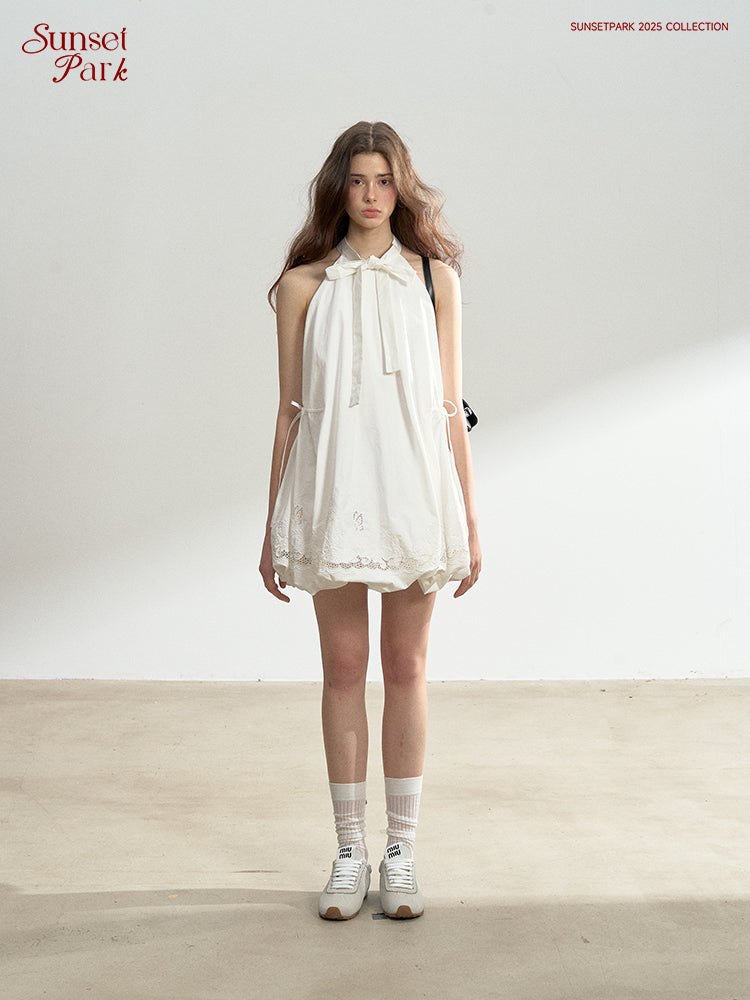 Embroidered Tie Neck Bubble Mini Dress