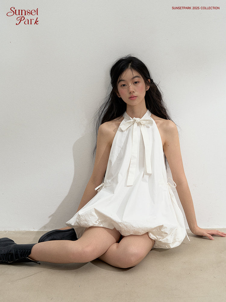 Embroidered Tie Neck Bubble Mini Dress