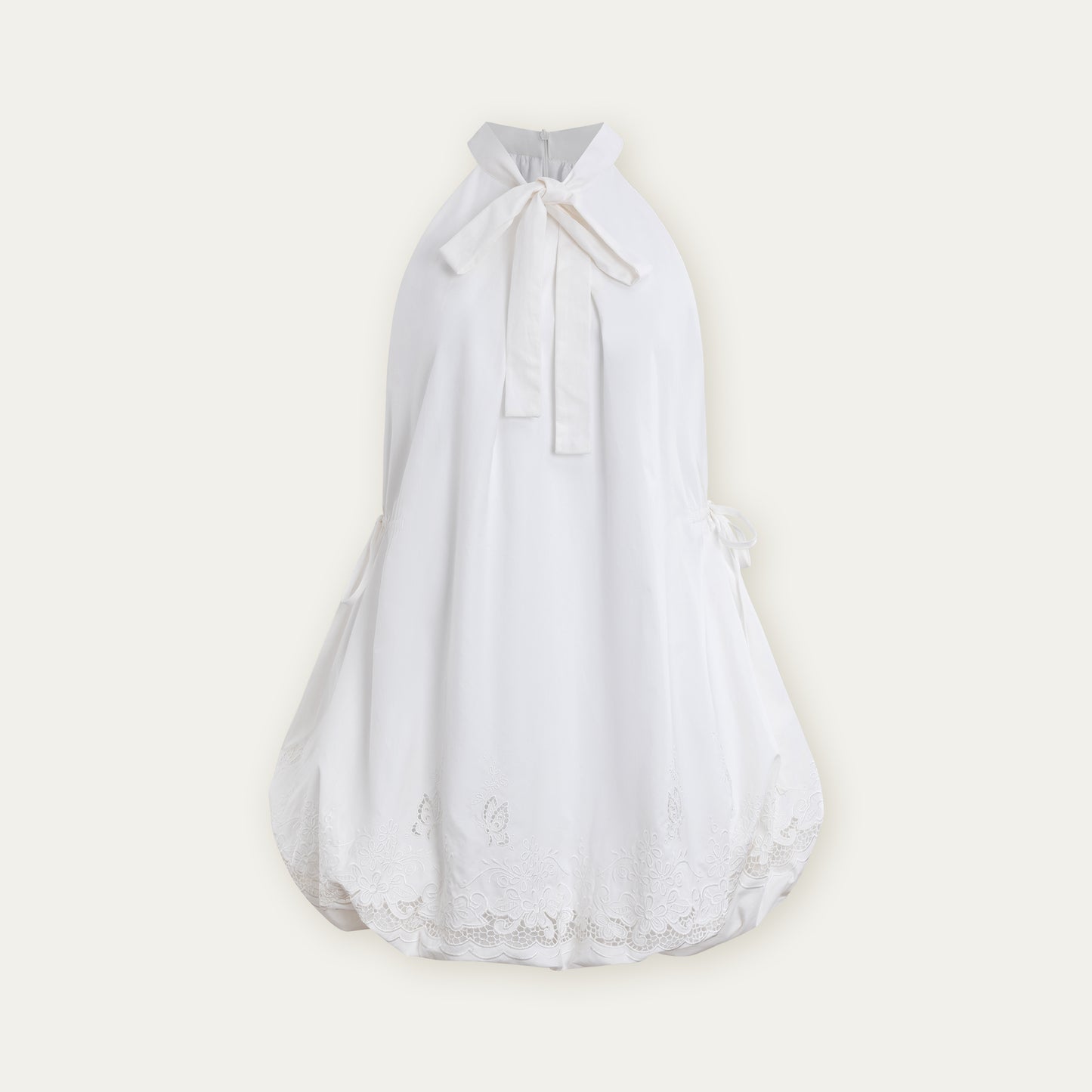 Embroidered Tie Neck Bubble Mini Dress