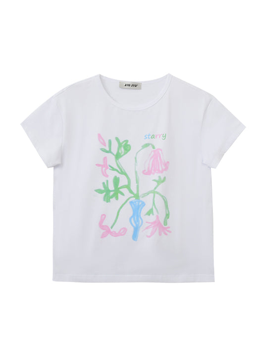 Flower Art Print Round Neck T-Shirt