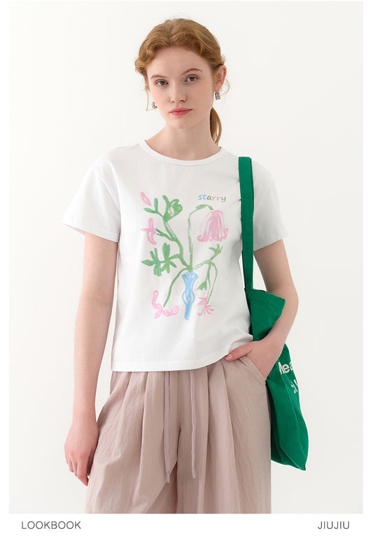 Flower Art Print Round Neck T-Shirt