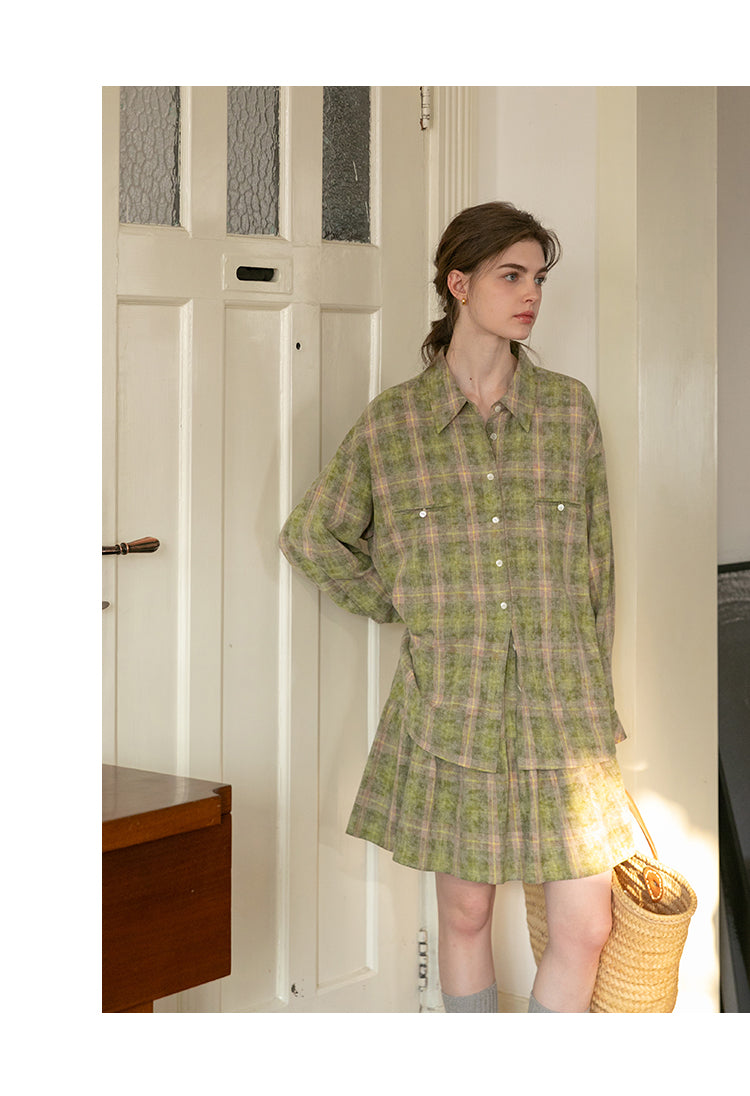 Plaid Round-Hem Shirt And Tiered Skirt